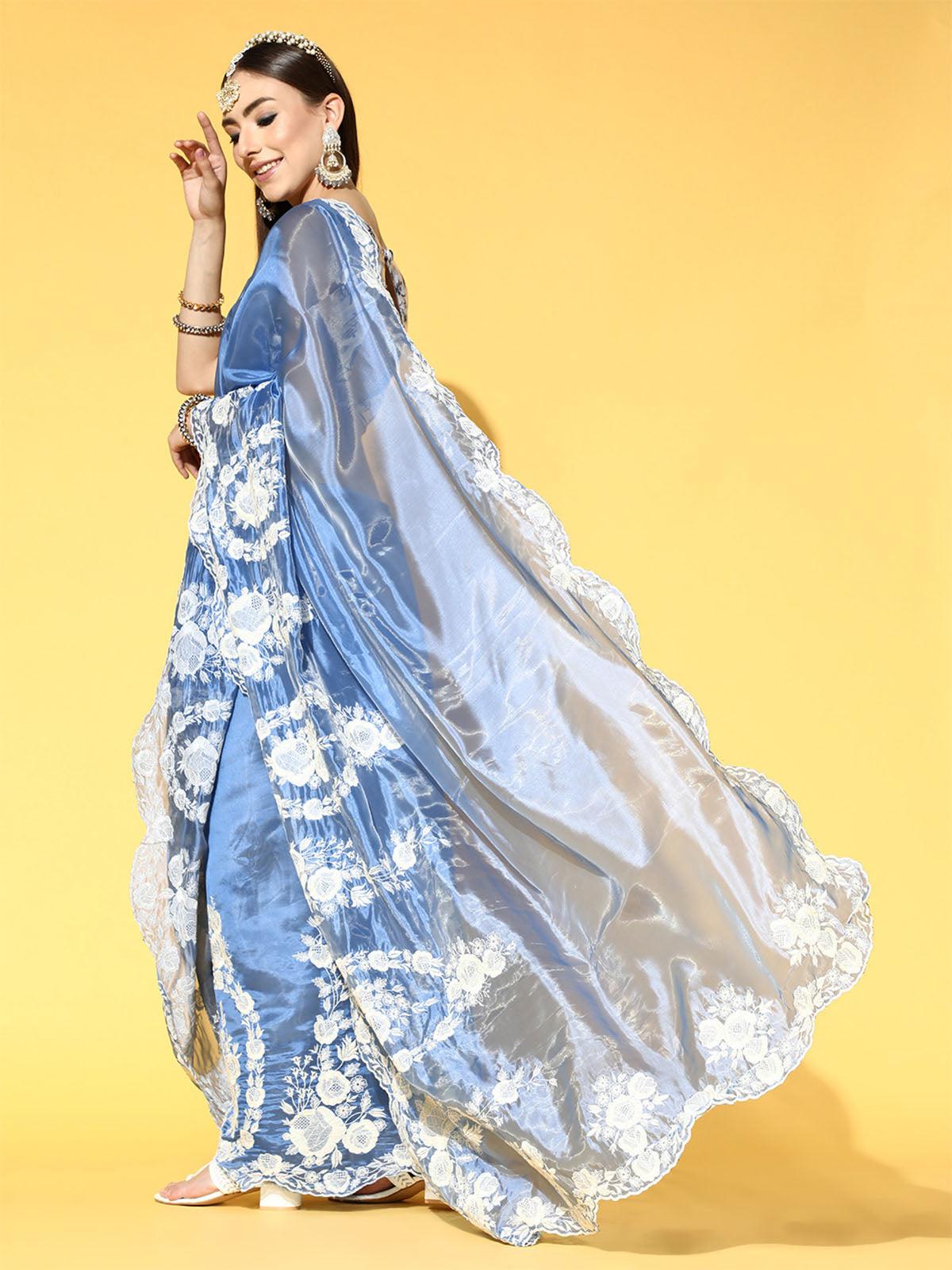 Women's Organza Blue Embroidered Designer Saree With Blouse Piece - Odette