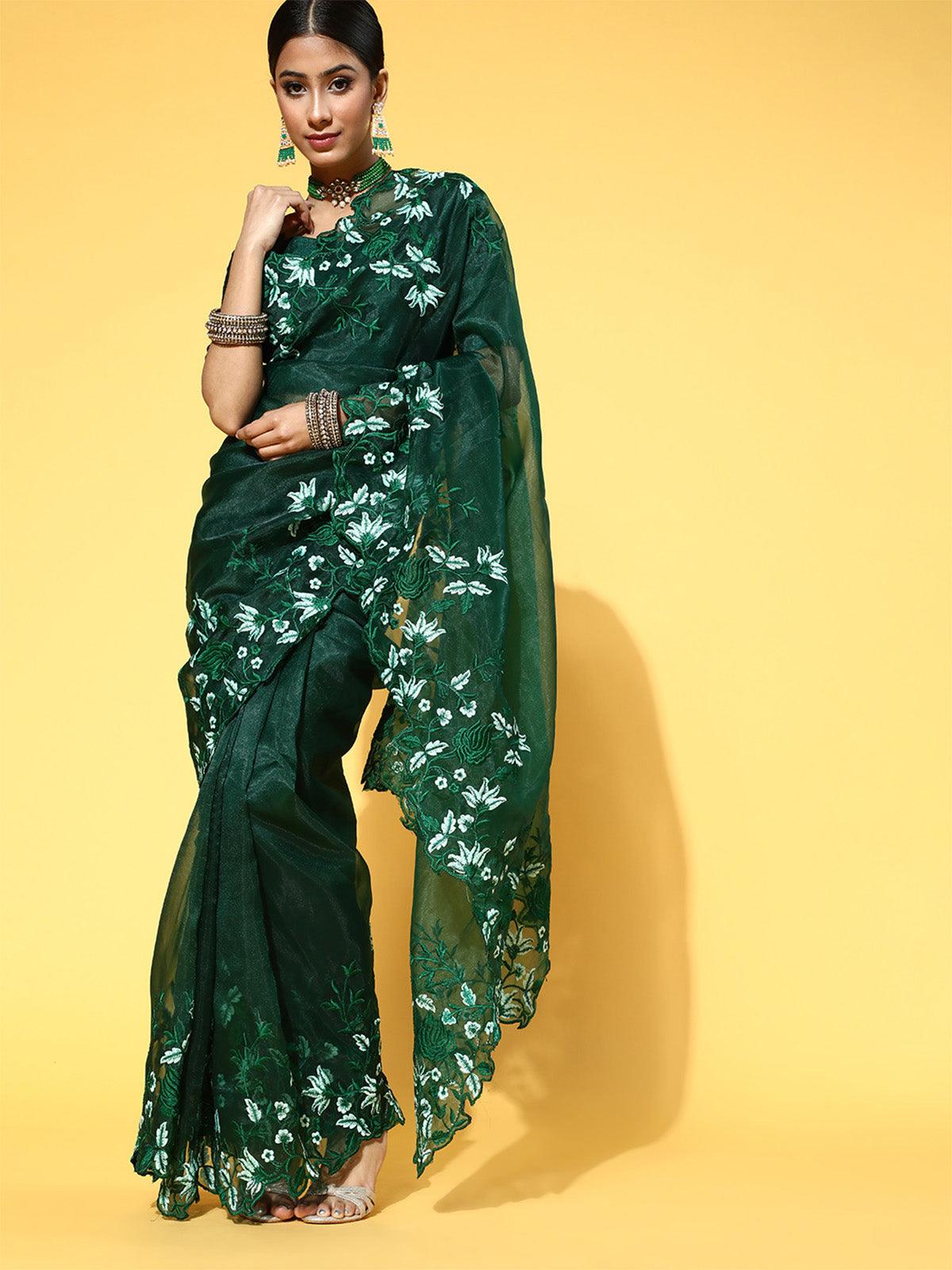 Women's Organza Green Embroidered Celebrity Saree With Blouse Piece - Odette