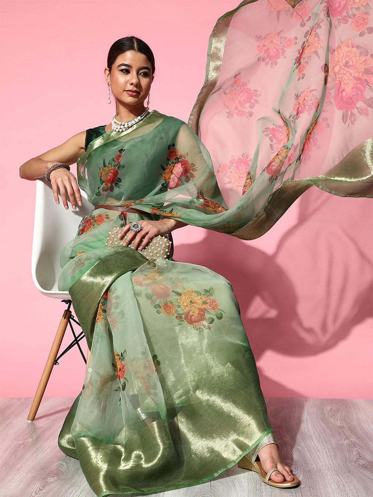 Women's Organza Green Printed Designer Saree With Blouse Piece - Odette