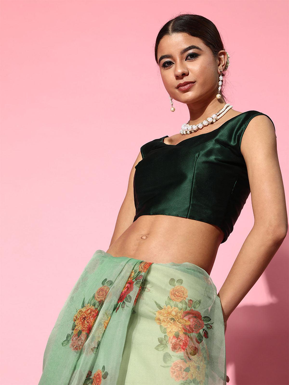 Women's Organza Green Printed Designer Saree With Blouse Piece - Odette