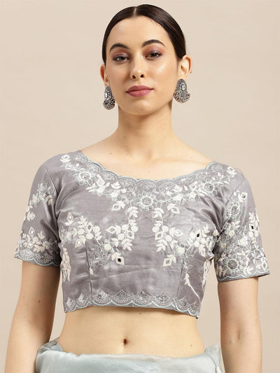 Women's Organza grey Embroidered Designer Saree With Blouse Piece - Odette
