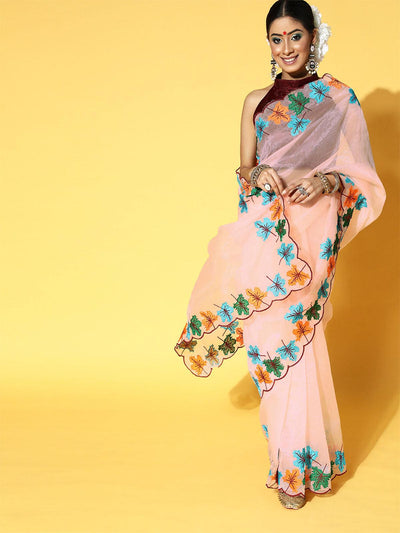 Women's Organza Peach Embroidered Designer Saree With Blouse Piece - Odette