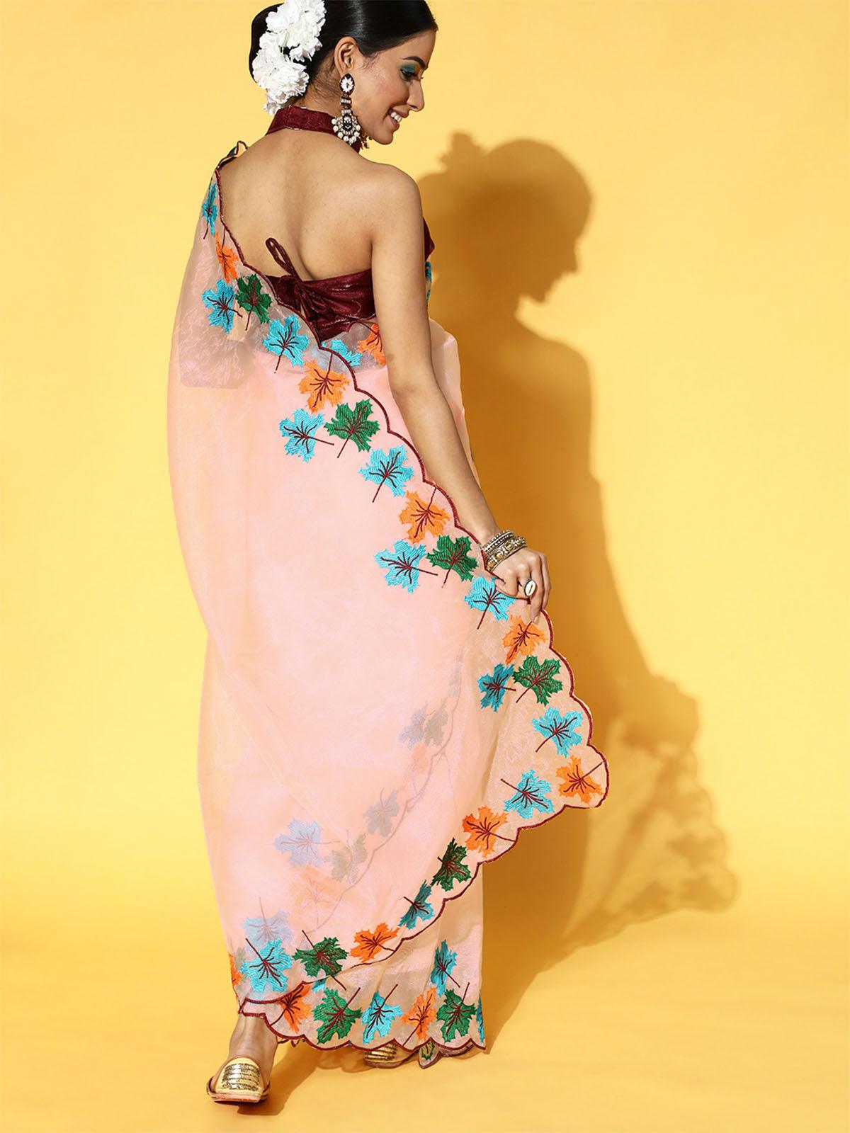 Women's Organza Peach Embroidered Designer Saree With Blouse Piece - Odette