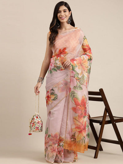 Women's Organza Pink Digital Print Celebrity Saree With Blouse Piece - Odette