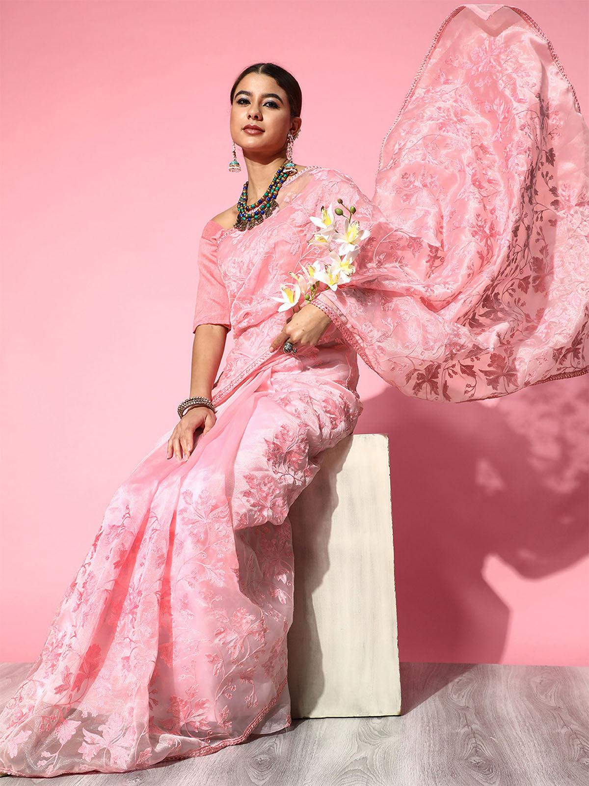 Women's Organza Pink Embroidered Designer Saree With Blouse Piece - Odette