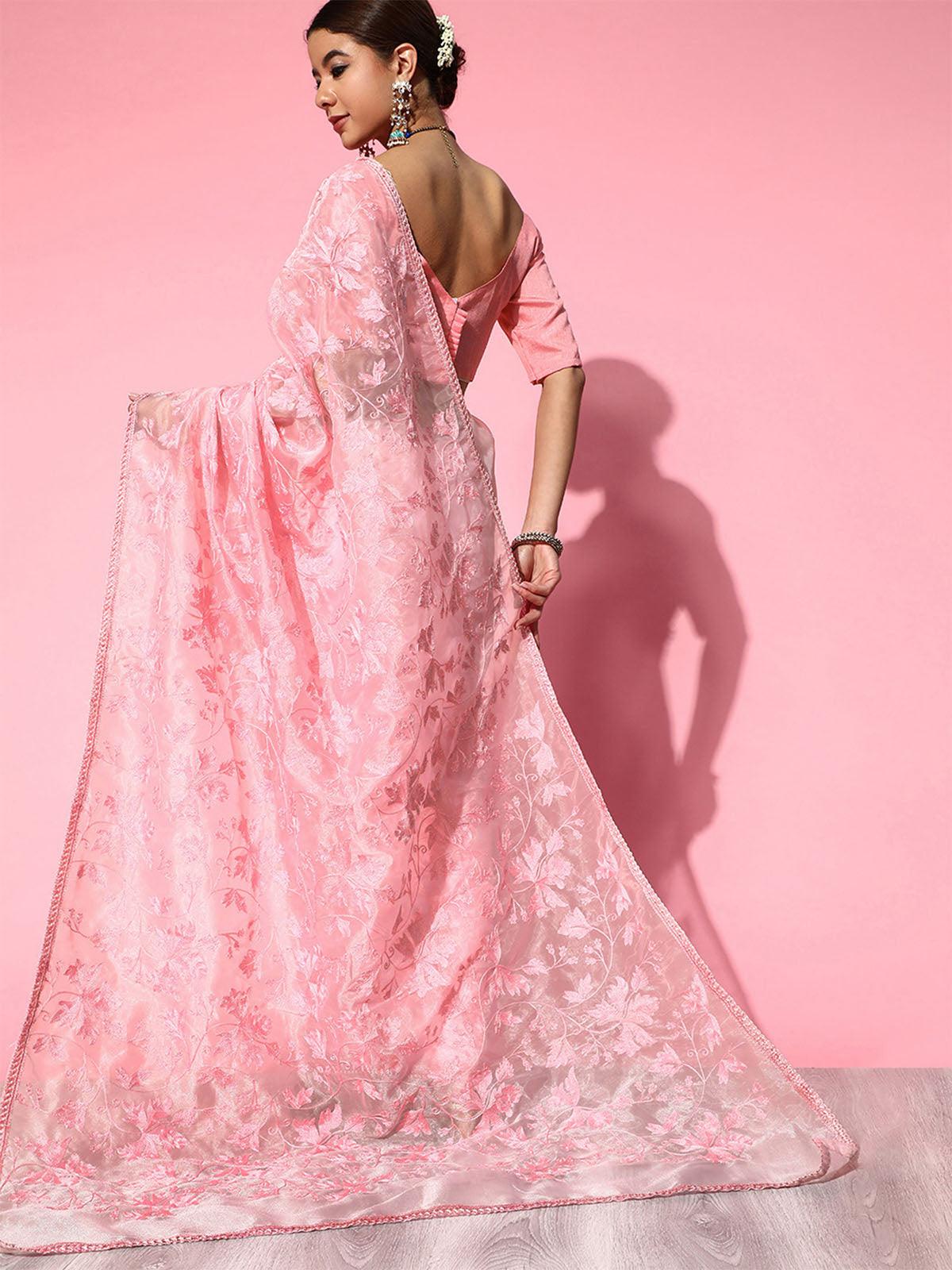 Women's Organza Pink Embroidered Designer Saree With Blouse Piece - Odette