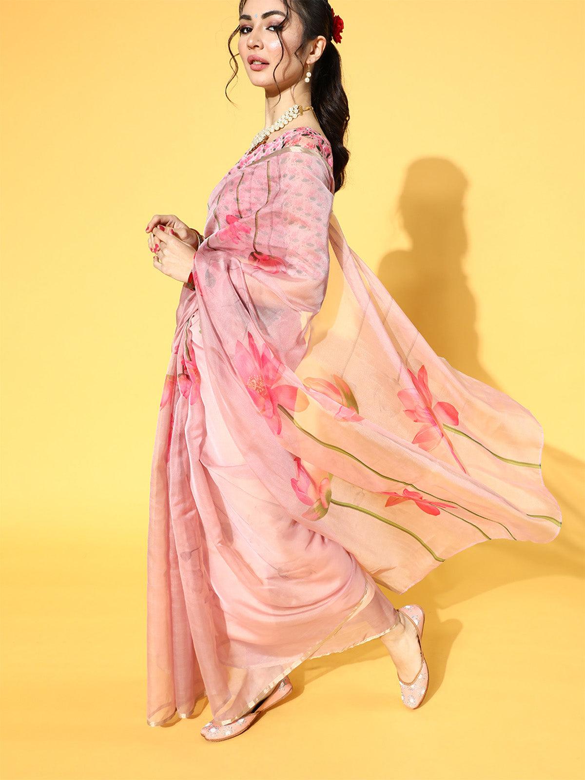Women's Organza Pink Printed Celebrity Saree With Blouse Piece - Odette