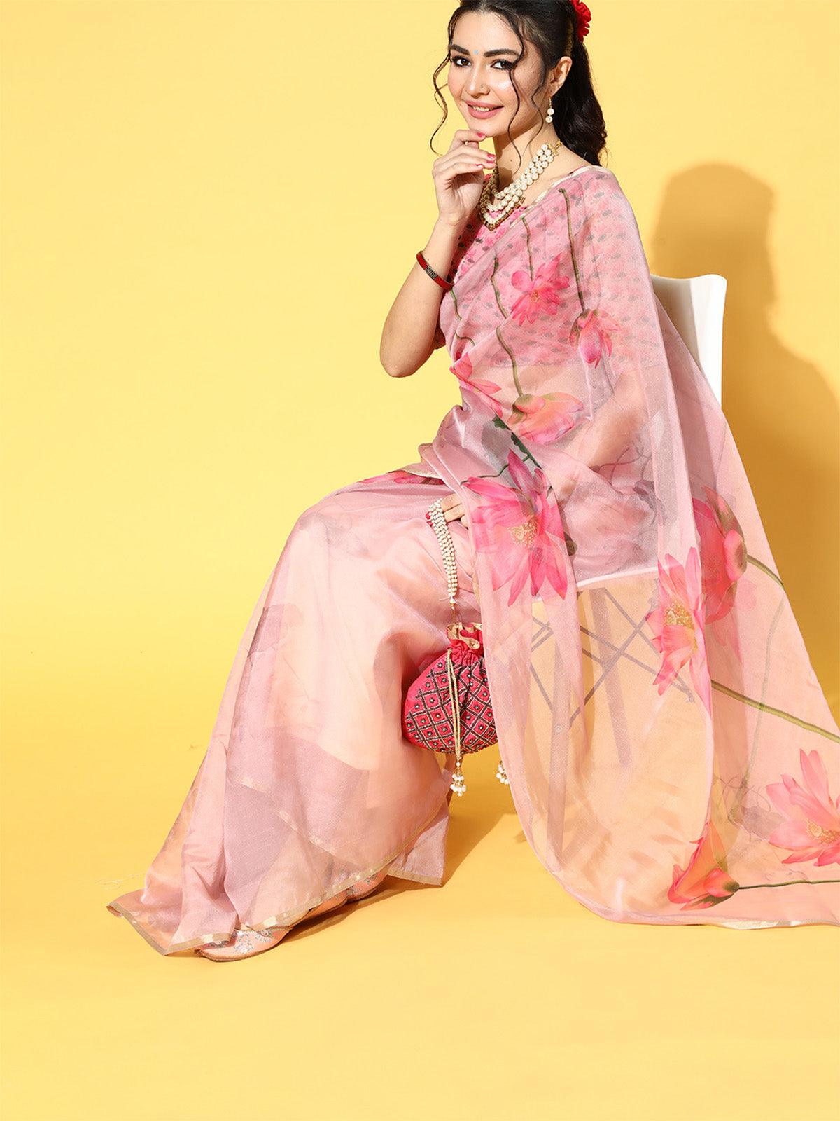 Women's Organza Pink Printed Celebrity Saree With Blouse Piece - Odette