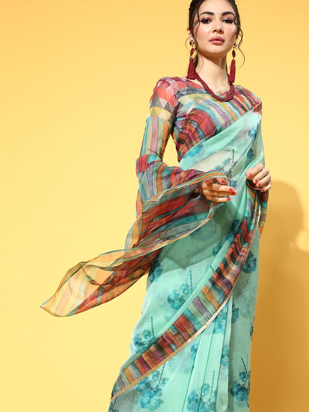 Women's Organza Sea Green Printed Celebrity Saree With Blouse Piece - Odette