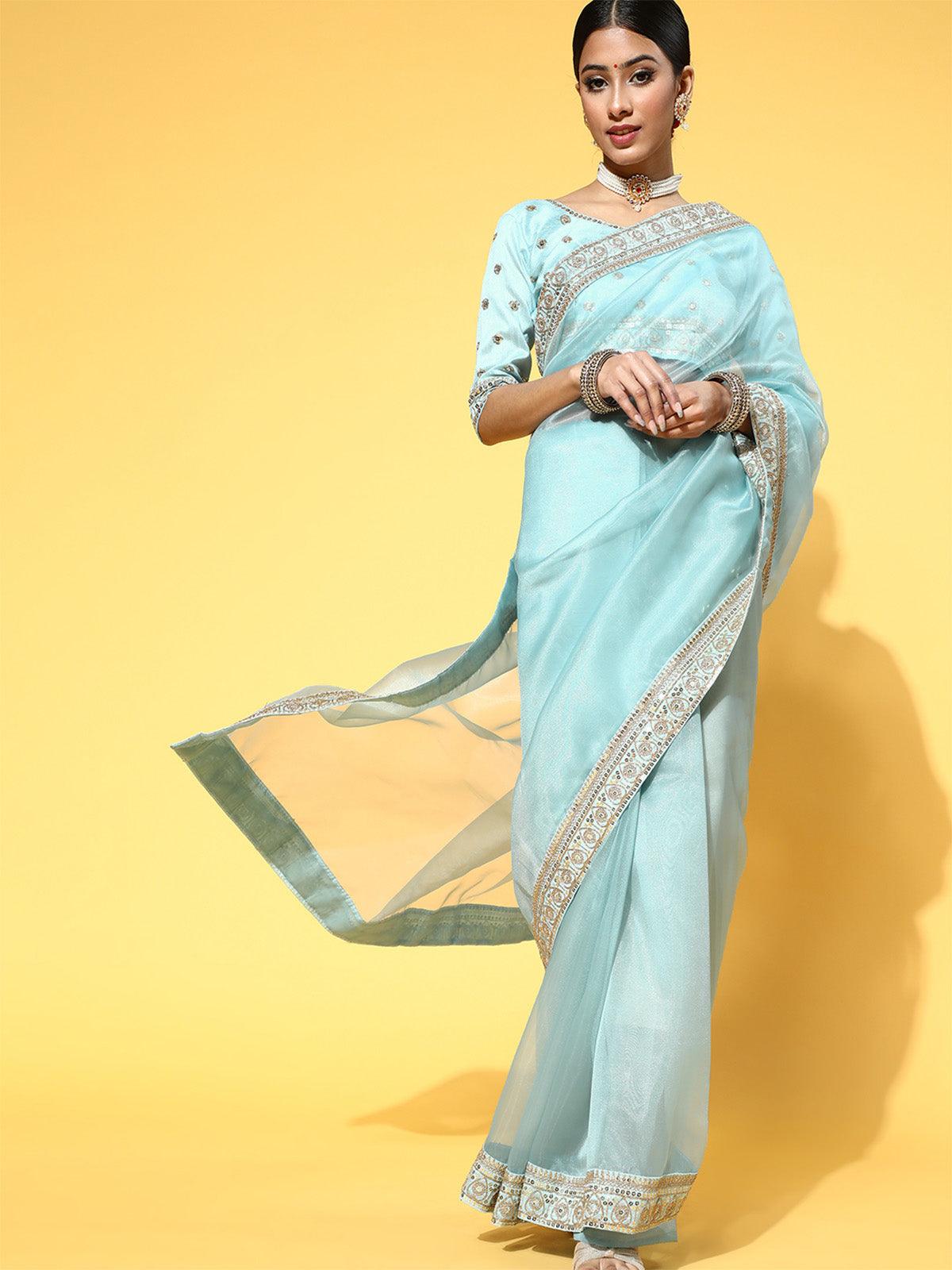 Women's Organza Turquoise Embroidered Celebrity Saree With Blouse Piece - Odette