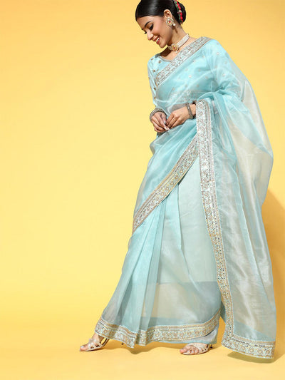Women's Organza Turquoise Embroidered Celebrity Saree With Blouse Piece - Odette
