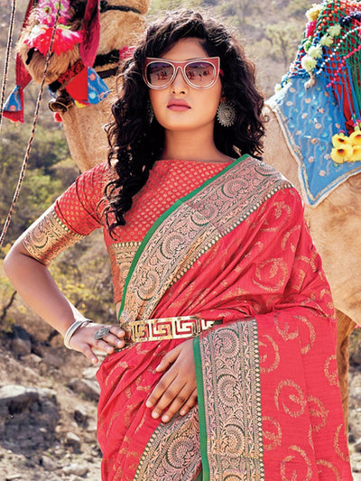 Women's Peach Banarasi Silk Woven Design Saree With Blouse Piece - Odette