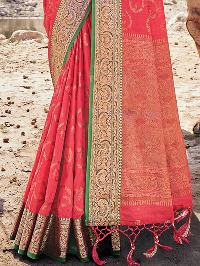 Women's Peach Banarasi Silk Woven Design Saree With Blouse Piece - Odette