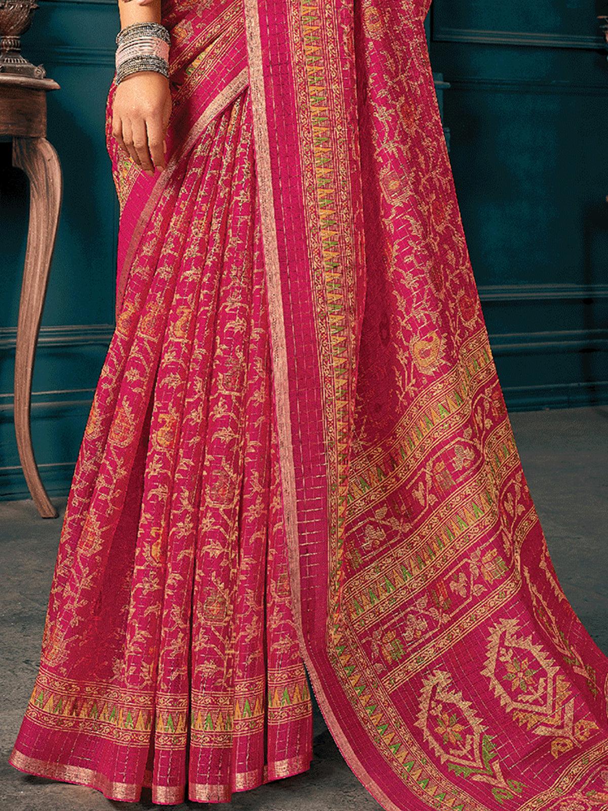 Women's Pink Cotton Printed Saree With Blouse Piece - Odette