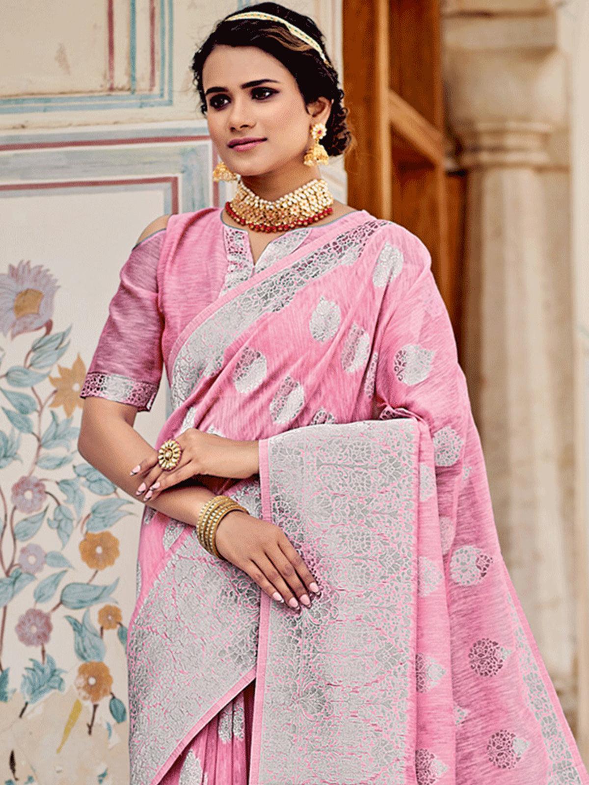 Women's Pink Linen Woven Design Saree With Blouse Piece - Odette