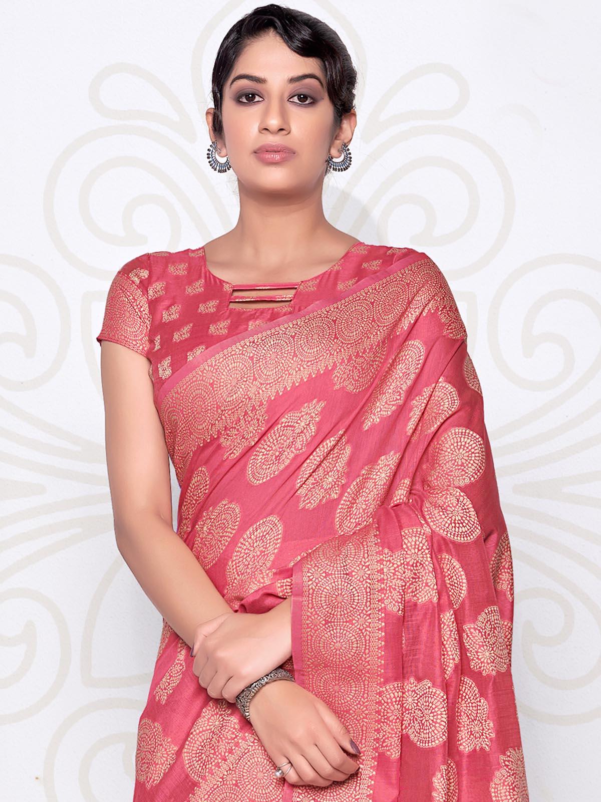 Women's Pink Lucknowi Cotton Hand Weaving Work Saree With Blouse Piece - Odette