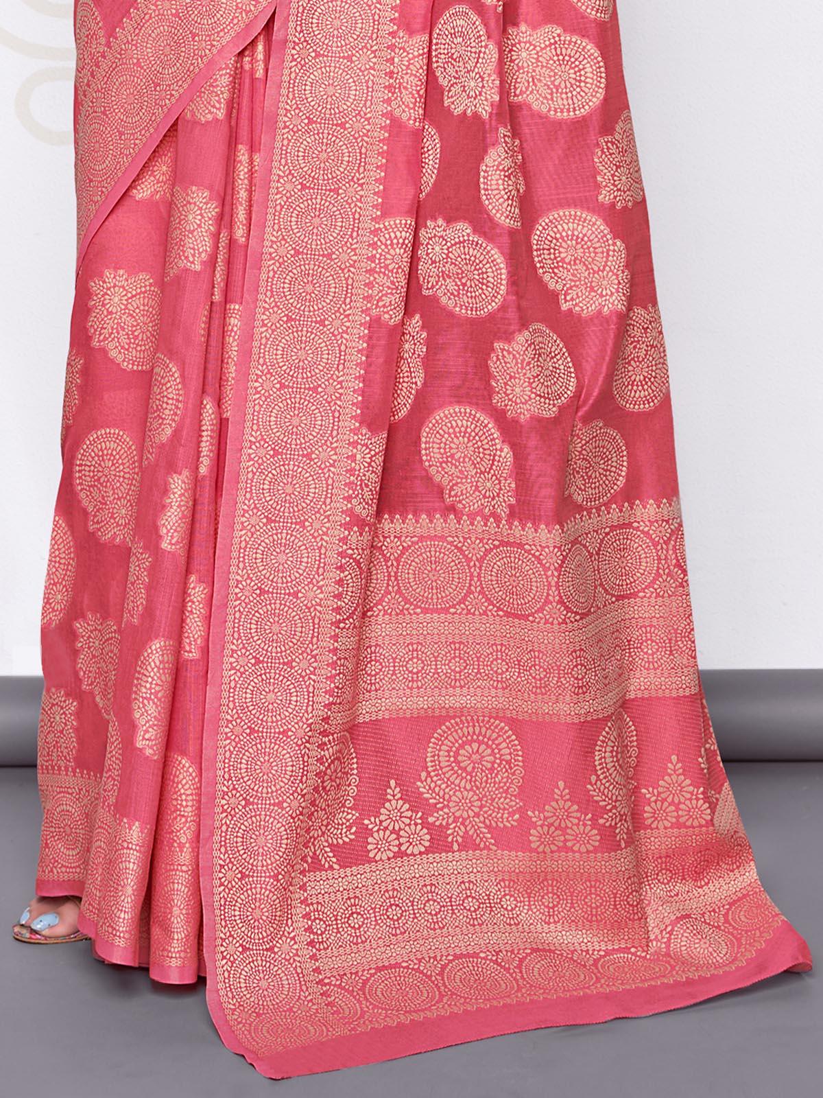 Women's Pink Lucknowi Cotton Hand Weaving Work Saree With Blouse Piece - Odette
