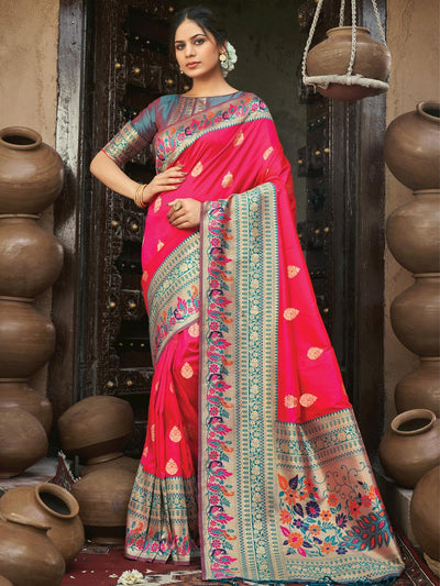 Women's Pink Paithani Silk Woven Design Saree With Blouse Piece - Odette