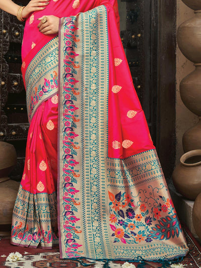 Women's Pink Paithani Silk Woven Design Saree With Blouse Piece - Odette