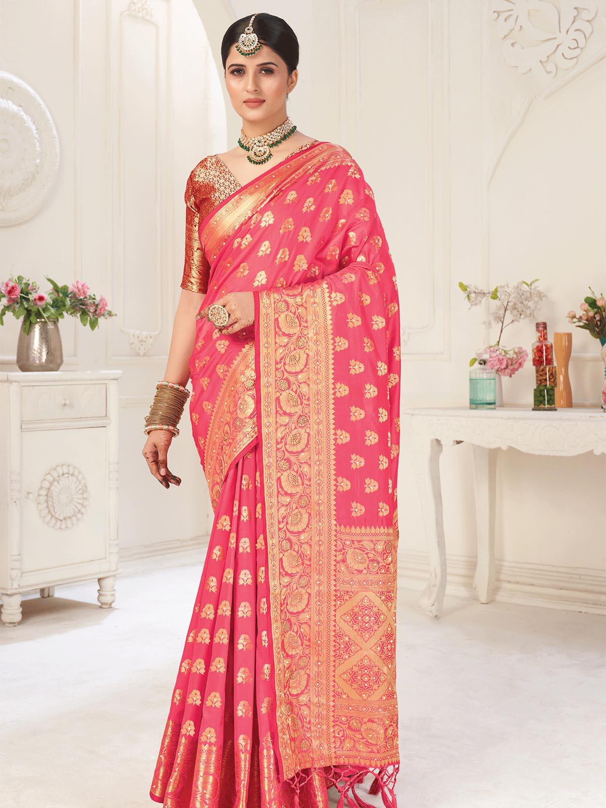 Women's Pink Silk Blend Printed Saree With Blouse Piece - Odette