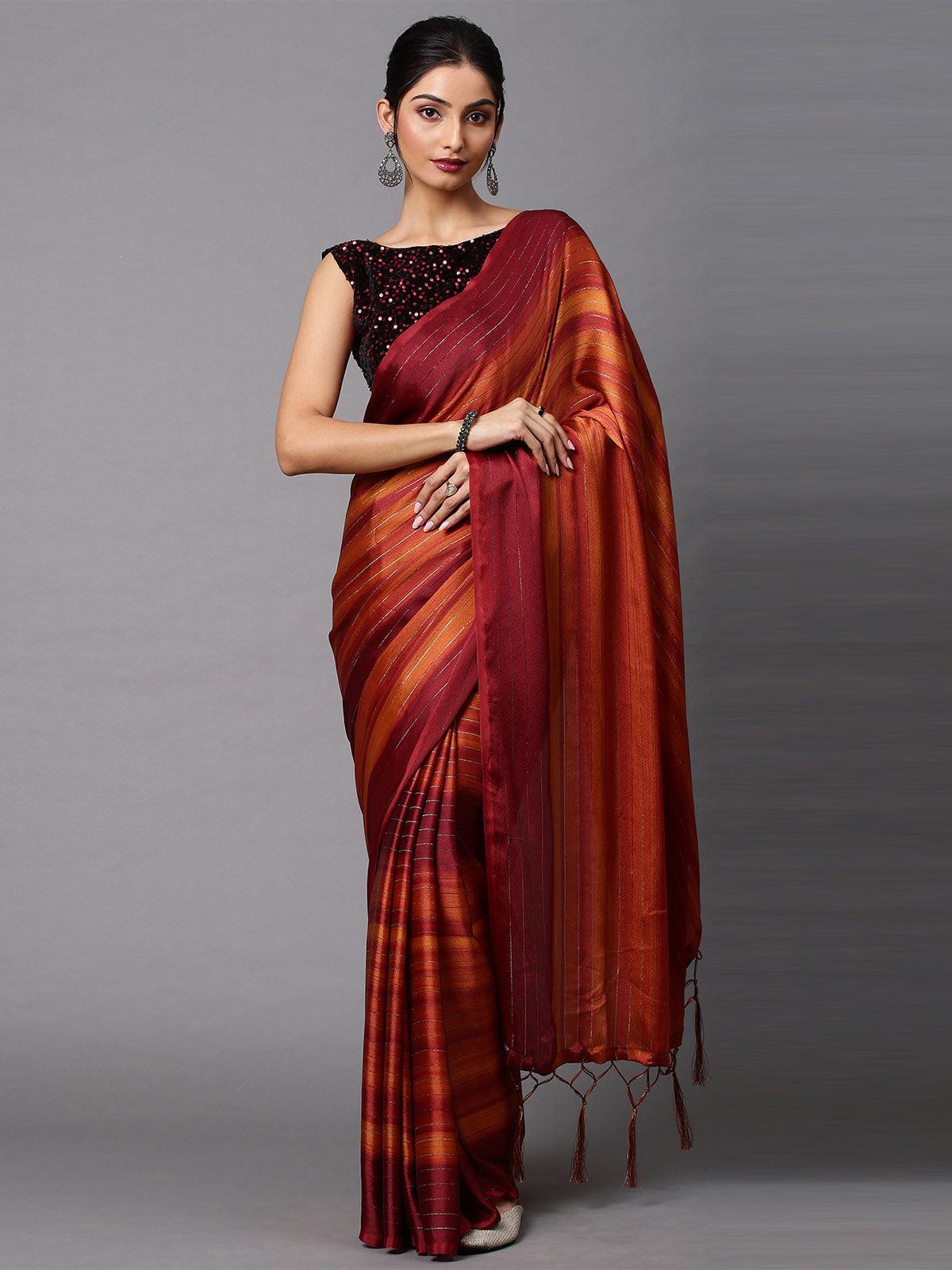 Women's Poly Georgette Rust Solid Designer Saree With Blouse Piece - Odette