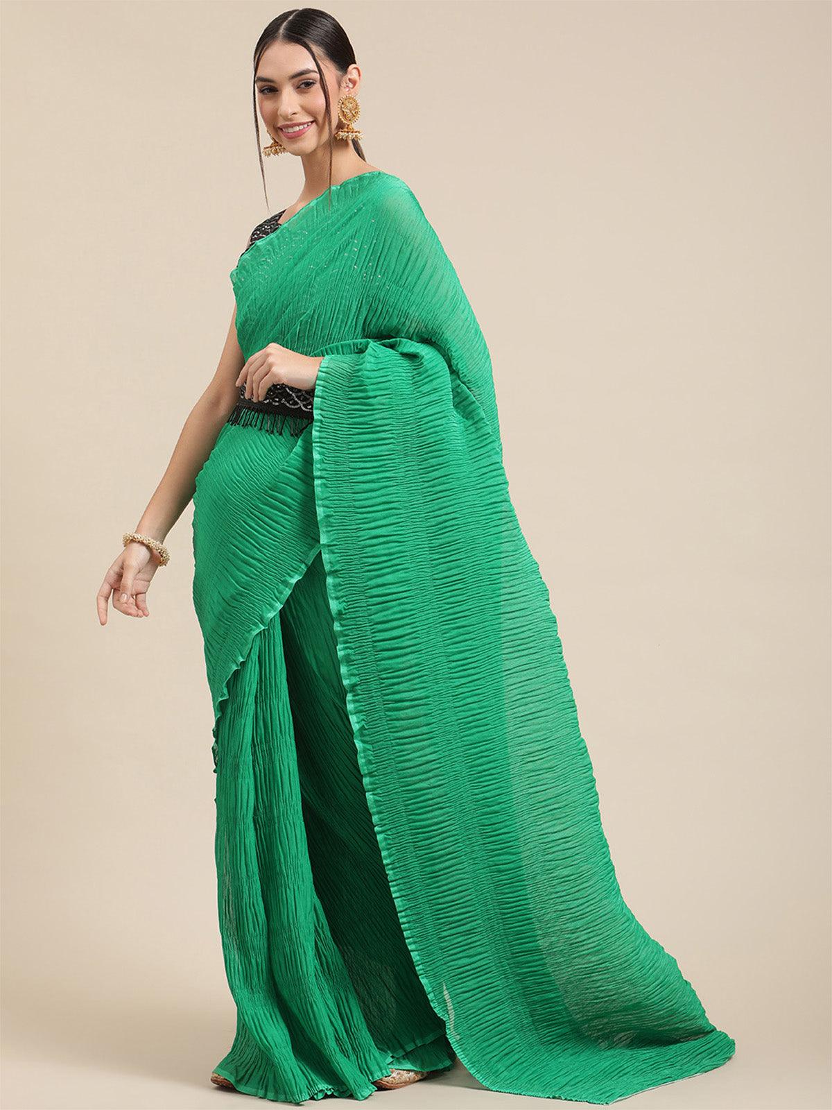 Women's Polycotton Green Solid Belted Sarees With Blouse Piece - Odette