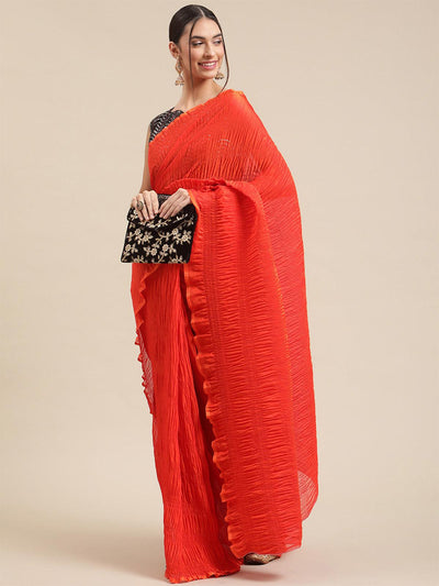 Women's Polycotton Orange Solid Belted Sarees With Blouse Piece - Odette