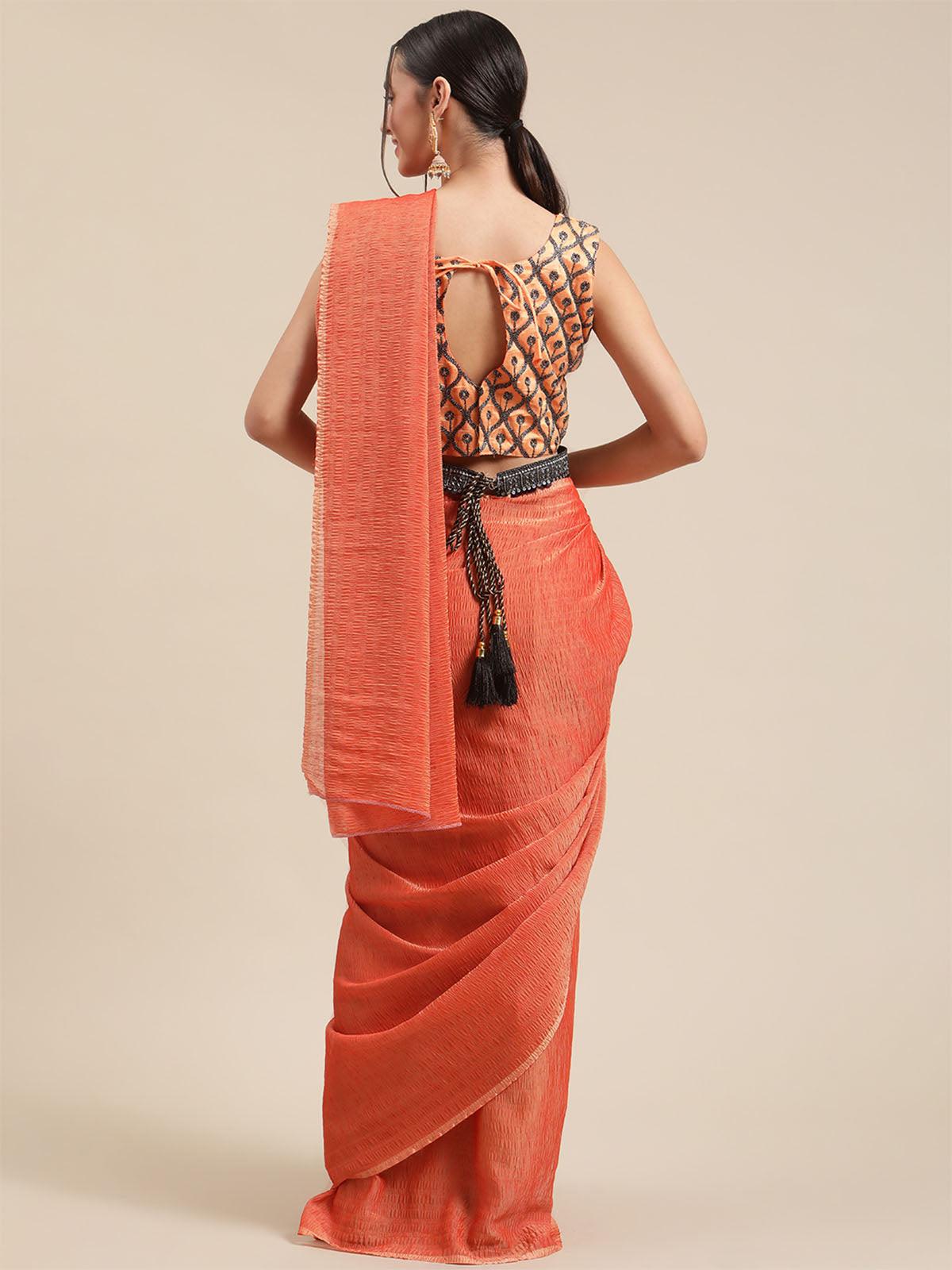 Women's Polycotton Orange Solid Belted Sarees With Blouse Piece - Odette