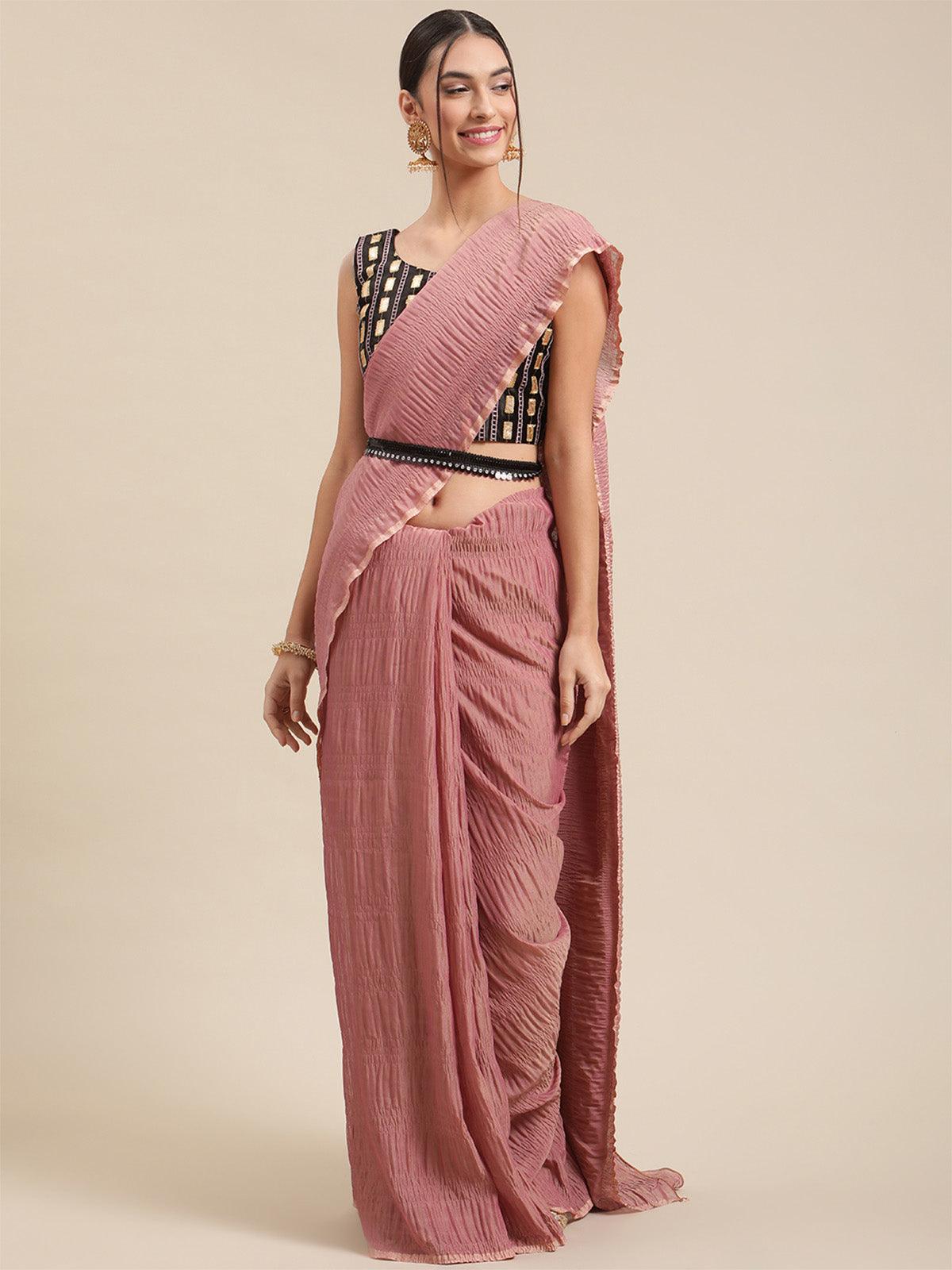 Women's Polycotton pink Solid Belted Sarees With Blouse Piece - Odette