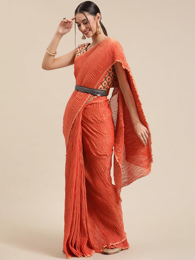 Women's Polycotton Rust Solid Belted Sarees With Blouse Piece - Odette