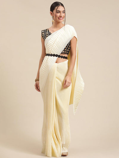 Women's Pure Crepe Cream Solid Belted Sarees With Blouse Piece - Odette