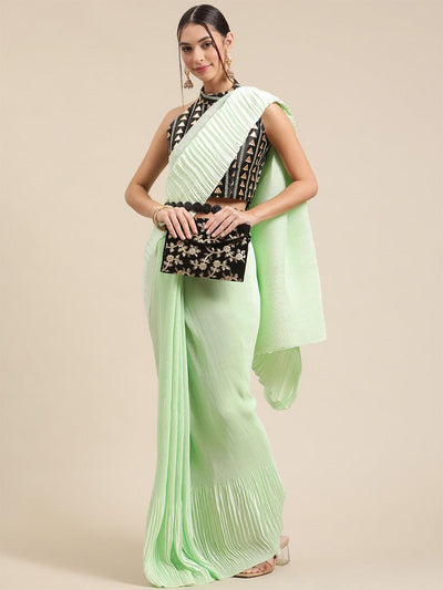 Women's Pure Crepe Green Solid Belted Sarees With Blouse Piece - Odette