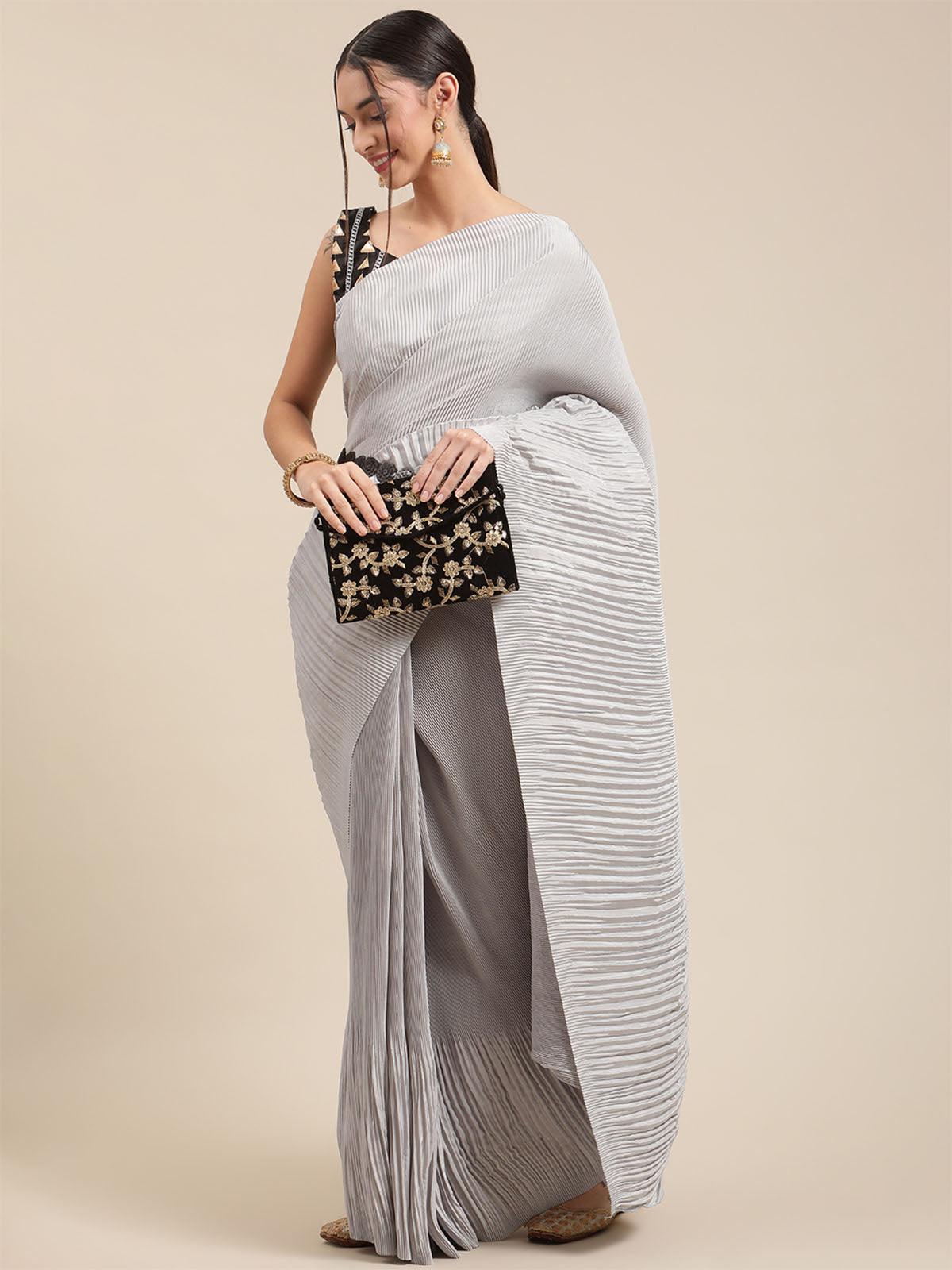 Women's Pure Crepe Grey Solid Belted Sarees With Blouse Piece - Odette