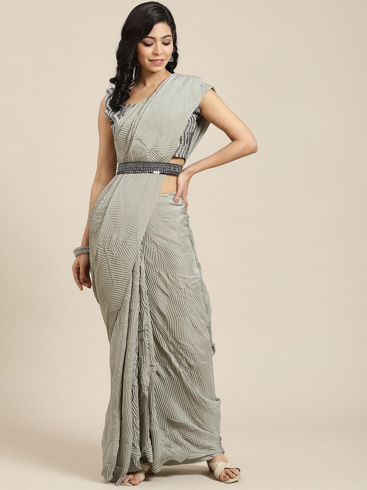 Women's Pure Crepe Olive Solid Belted Sarees With Blouse Piece - Odette
