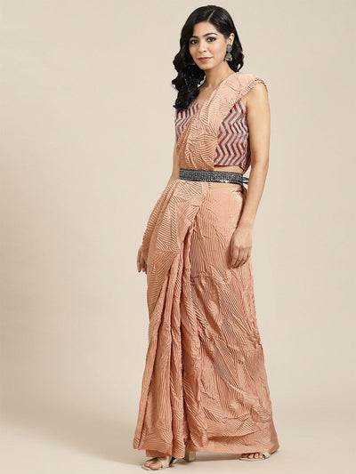 Women's Pure Crepe Peach Solid Belted Sarees With Blouse Piece - Odette