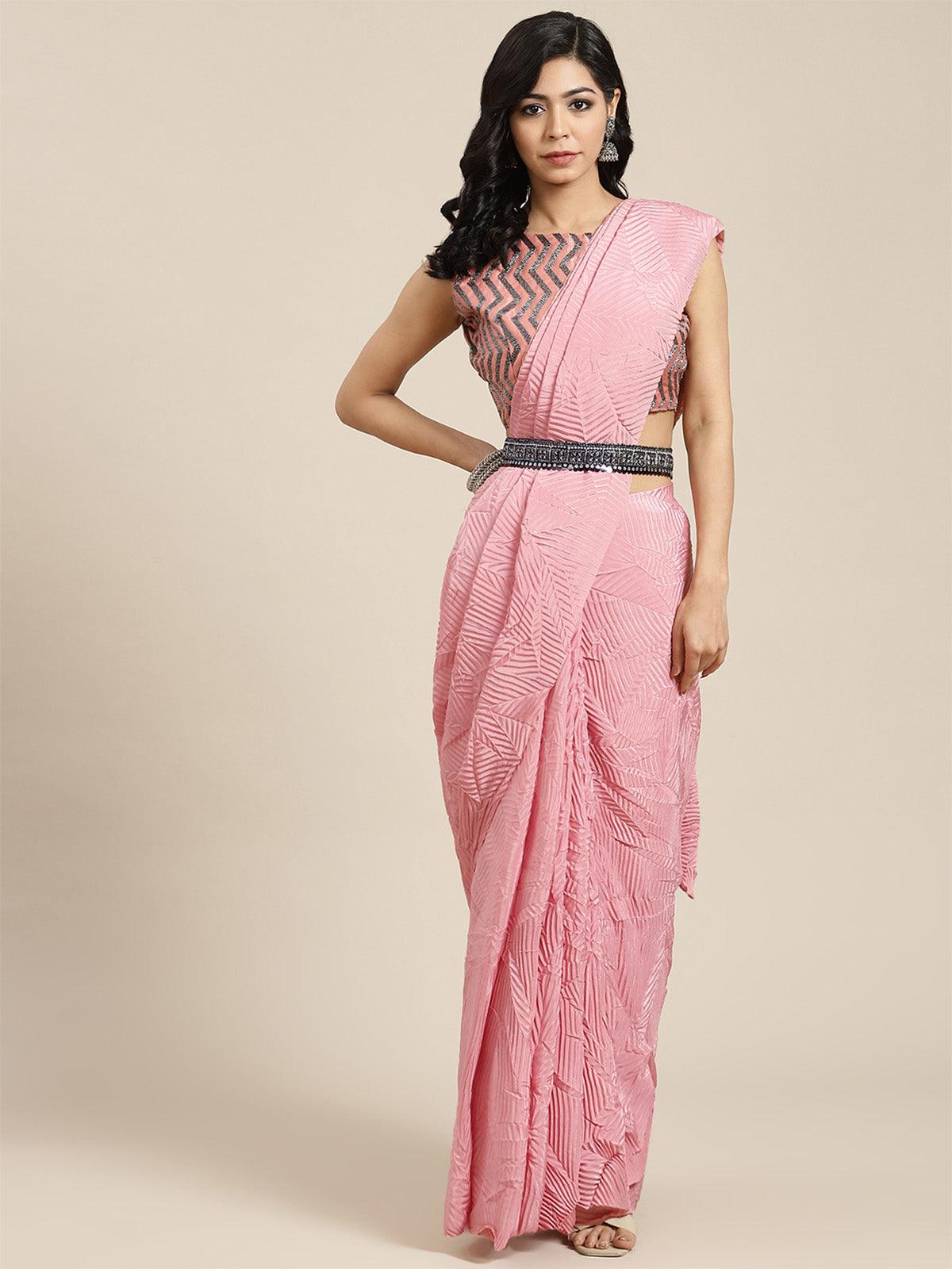 Women's Pure Crepe Pink Solid Belted Sarees With Blouse Piece - Odette