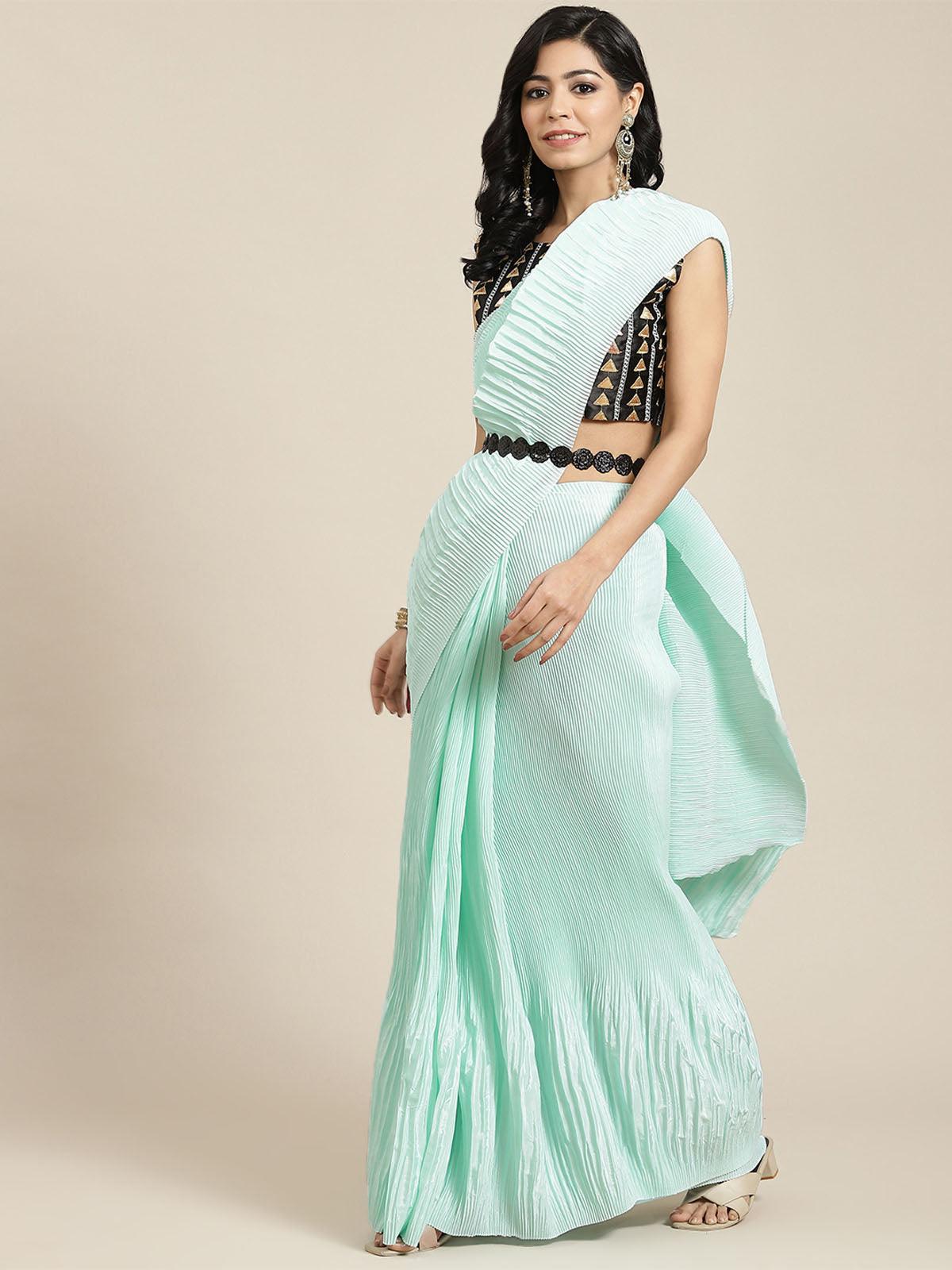 Women's Pure Crepe Sea Green Solid Belted Sarees With Blouse Piece - Odette