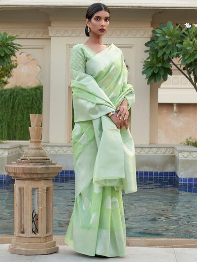 Women's Pure Linen Green Woven Design Woven saree With Blouse Piece - Odette