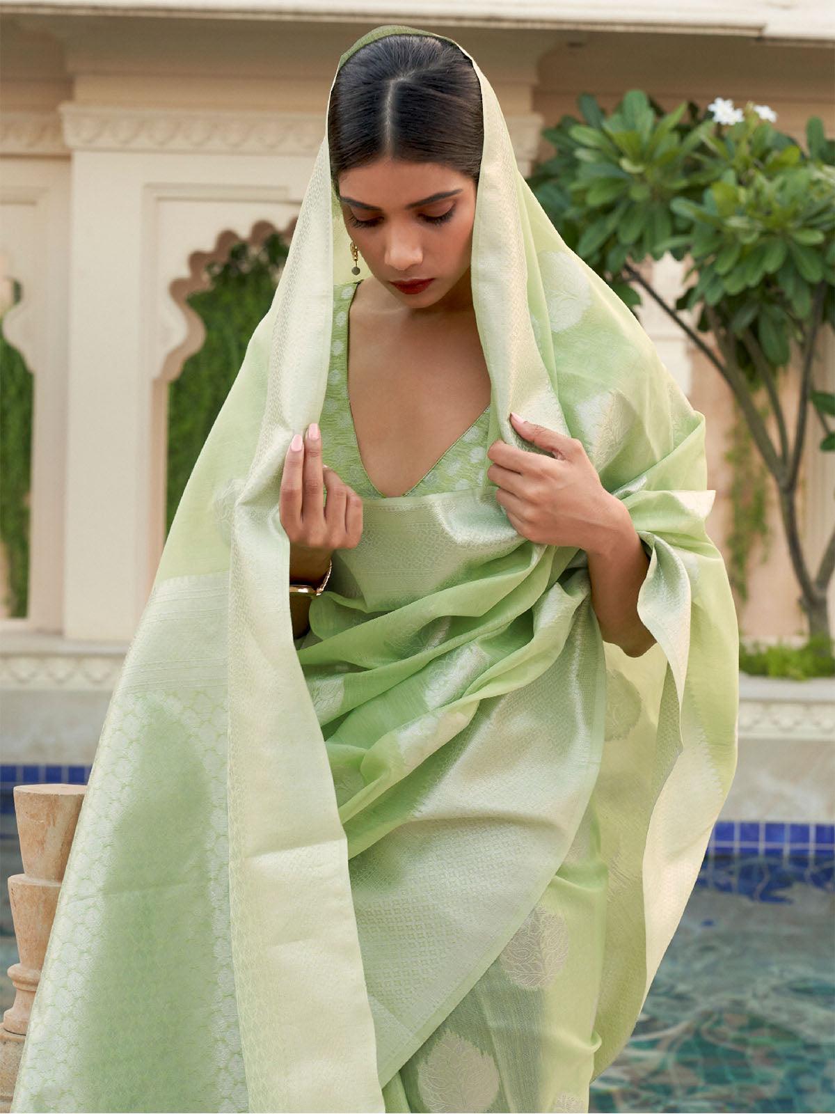 Women's Pure Linen Green Woven Design Woven saree With Blouse Piece - Odette