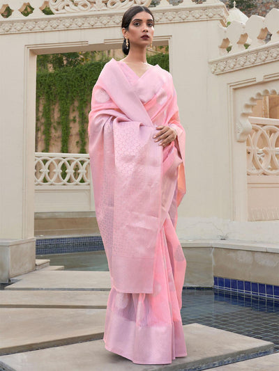 Women's Pure Linen Pink Woven Design Woven saree With Blouse Piece - Odette