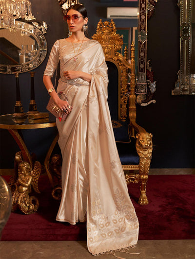 Women's Pure Silk Cream Woven Design Woven saree With Blouse Piece - Odette
