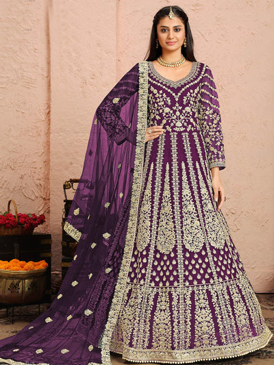 Women's Purple Net Semi Stitched Salwar Suit - Odette