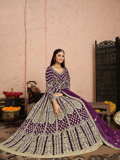 Women's Purple Net Semi Stitched Salwar Suit - Odette