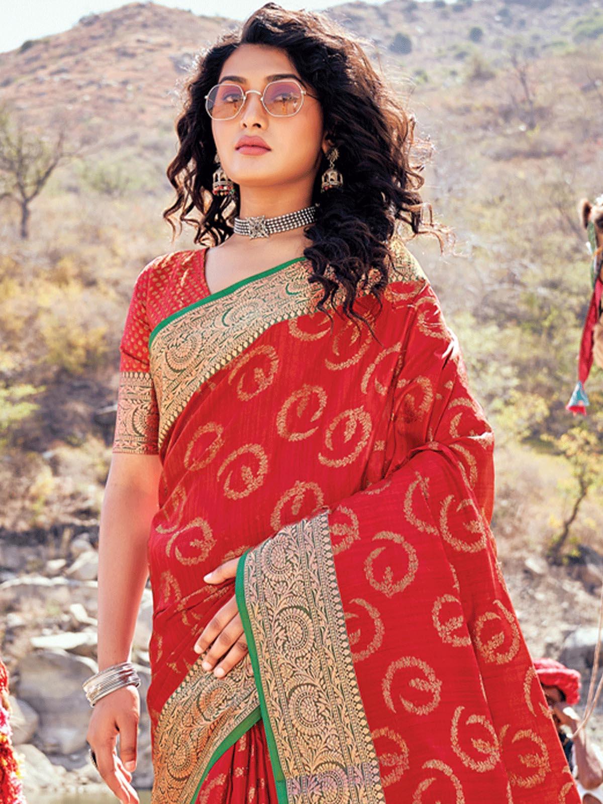 Women's Red Banarasi Silk Woven Design Saree With Blouse Piece - Odette