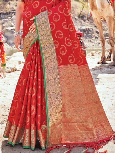 Women's Red Banarasi Silk Woven Design Saree With Blouse Piece - Odette