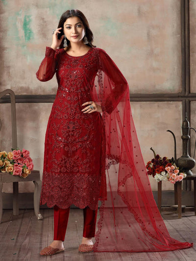 Women's Red Net Semi Stitched Salwar Suit - Odette