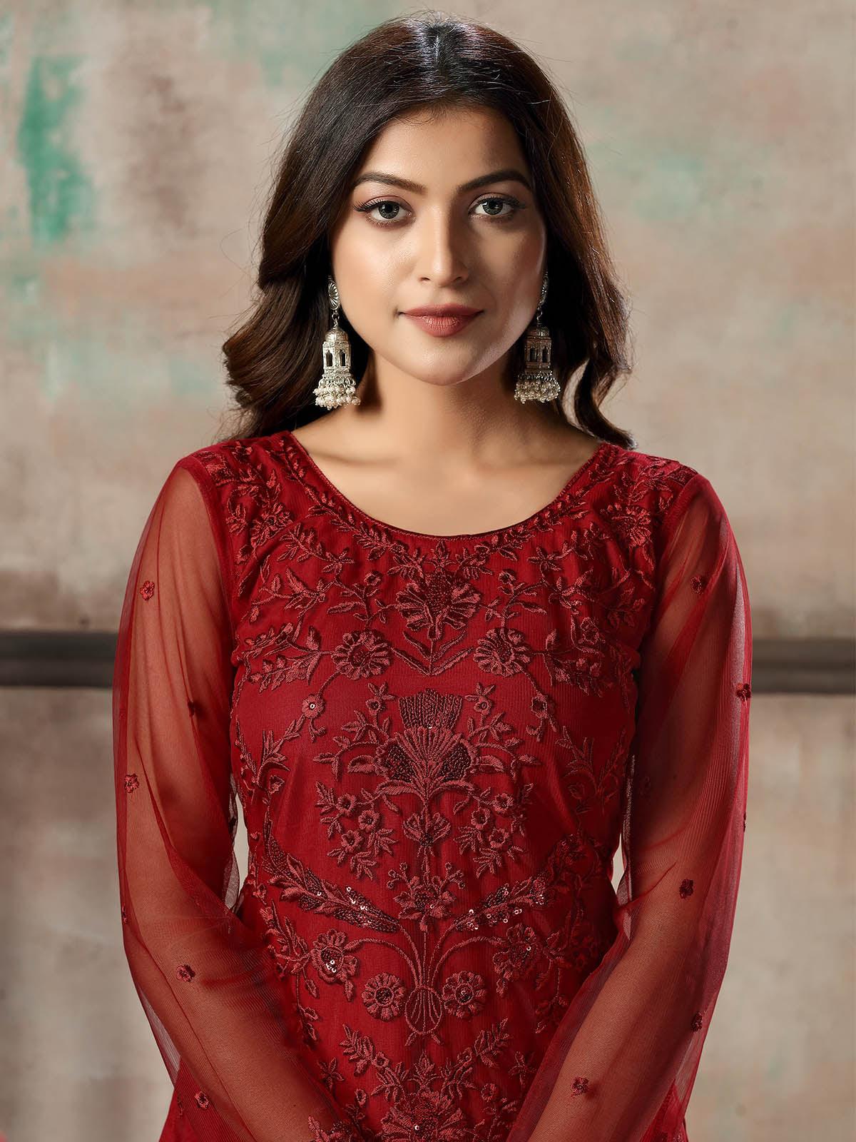 Buy Women's Red Net Semi Stitched Salwar Suit Online. – Odette