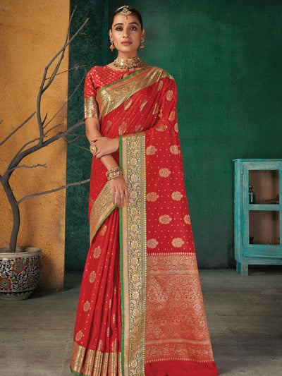 Women's Red Silk Blend Woven Design Saree With Blouse Piece - Odette