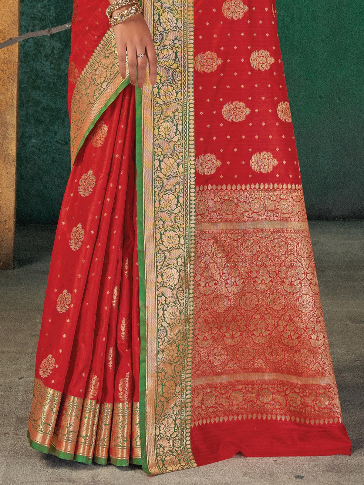 Women's Red Silk Blend Woven Design Saree With Blouse Piece - Odette