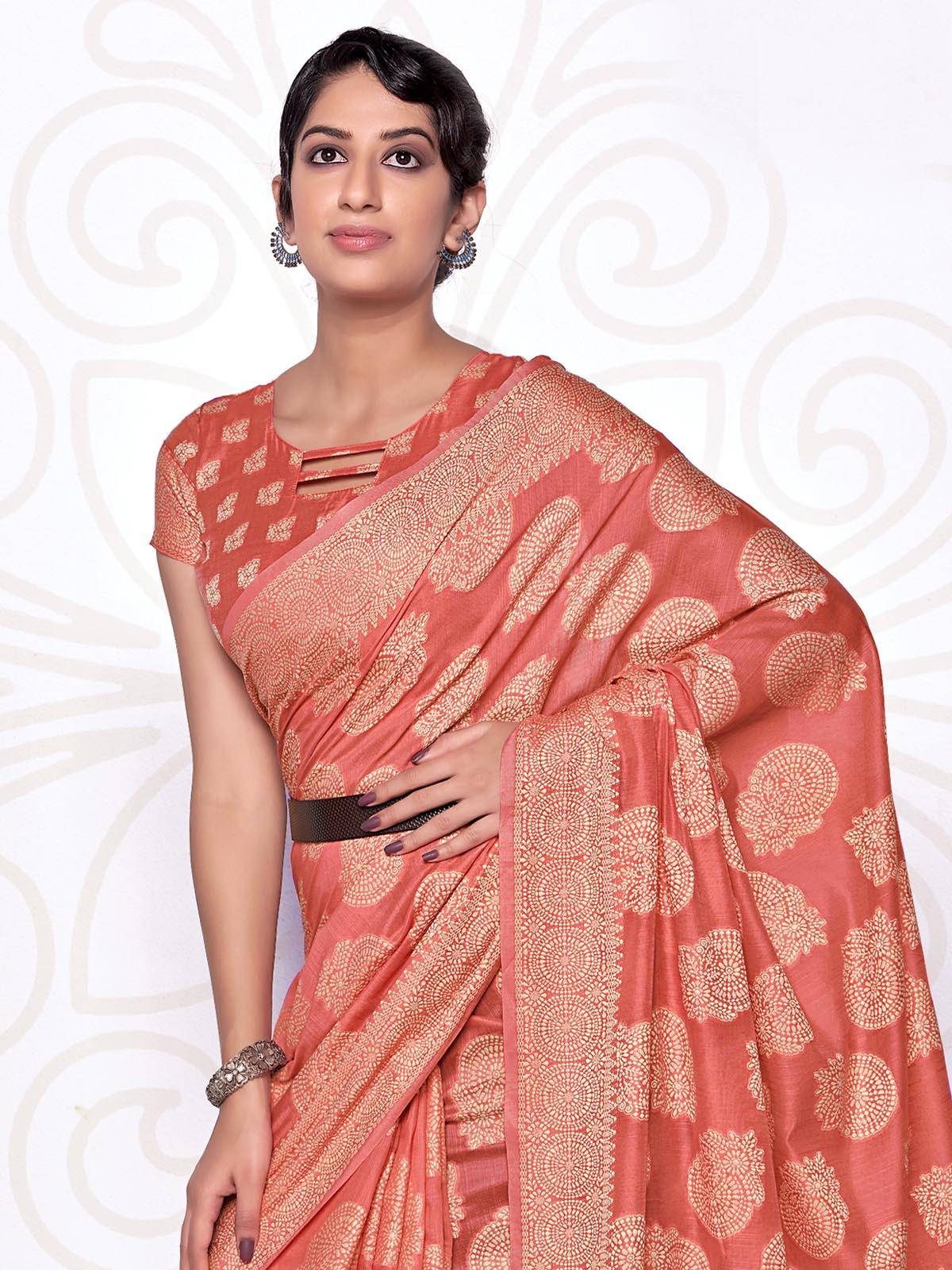 Women's Rust Lucknowi Cotton Hand Weaving Work Saree With Blouse Piece - Odette
